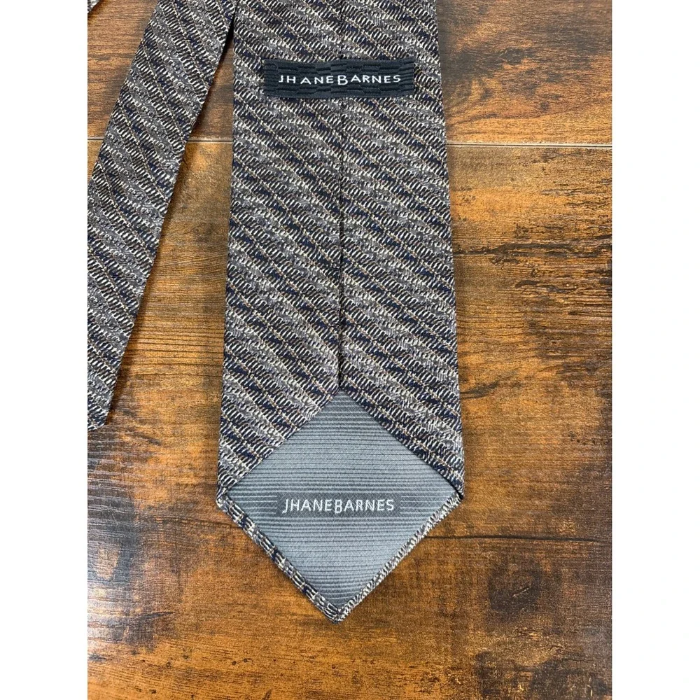 Jhane Barnes Mens Silk Necktie Grey Brown Navy Textured Diagonal Geometric Italy